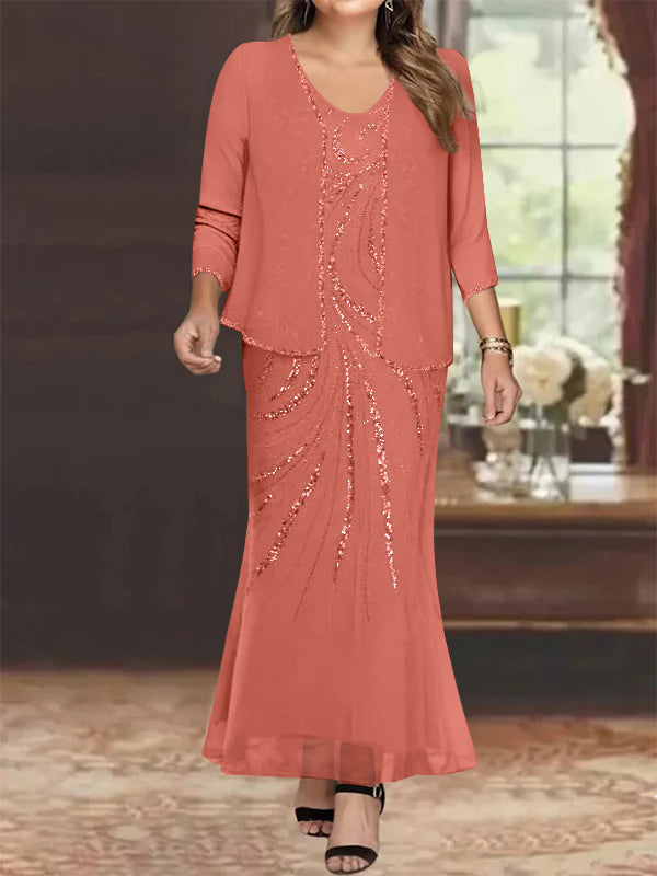 Robe de Mère de la Mariée Grande Taille, Fourreau/Colonne, Col en V, Longueur Cheville, avec Veste et Paillettes