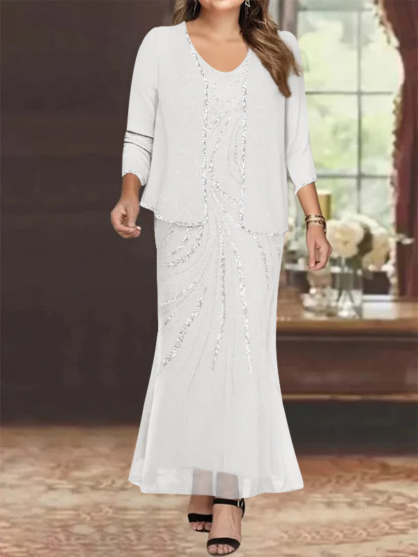 Robe de Mère de la Mariée Grande Taille, Fourreau/Colonne, Col en V, Longueur Cheville, avec Veste et Paillettes