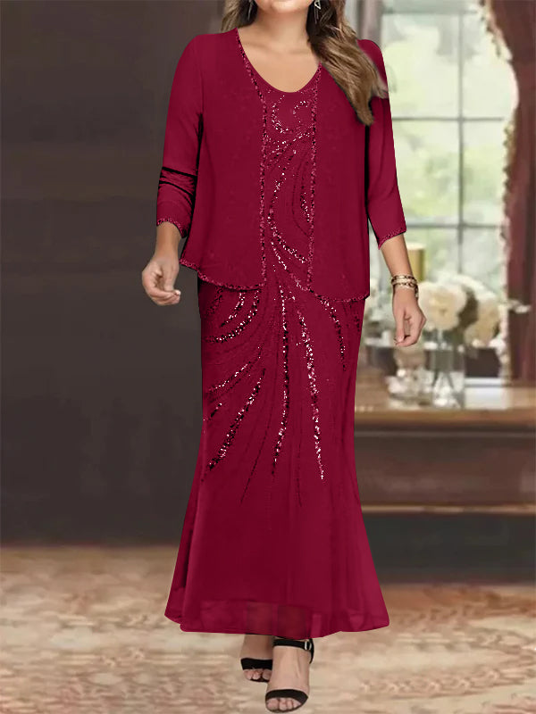 Robe de Mère de la Mariée Grande Taille, Fourreau/Colonne, Col en V, Longueur Cheville, avec Veste et Paillettes