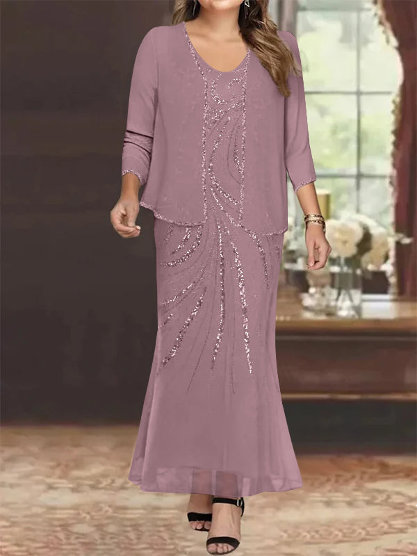 Robe de Mère de la Mariée Grande Taille, Fourreau/Colonne, Col en V, Longueur Cheville, avec Veste et Paillettes
