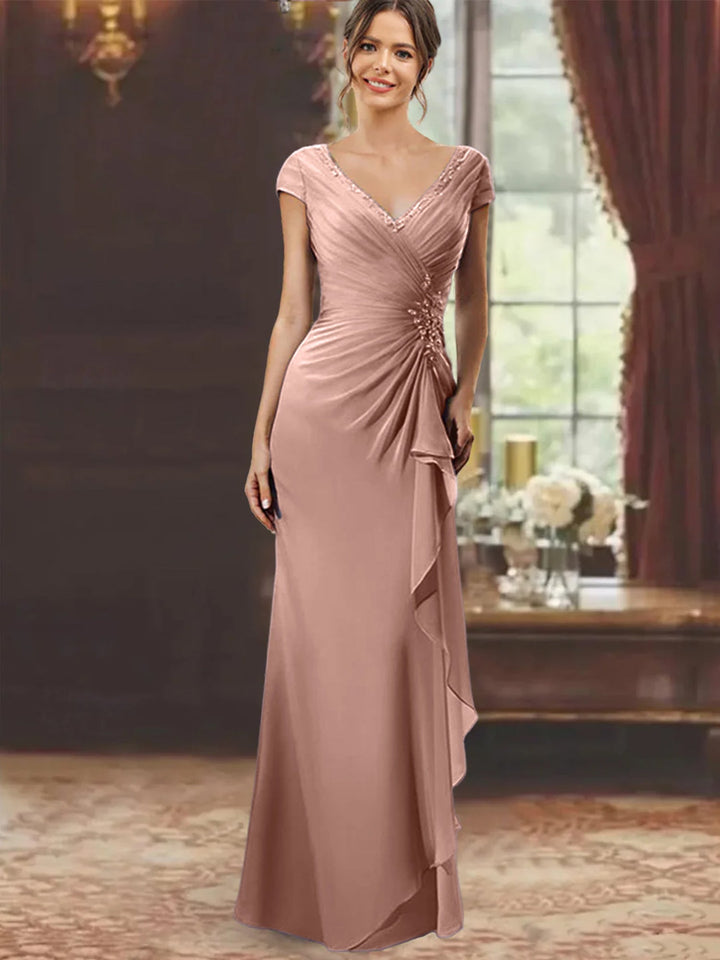Robe de Mère de la Mariée Fourreau/Colonne à Col en V et Manches Courtes, Longueur Au Sol, avec Volants et Appliques