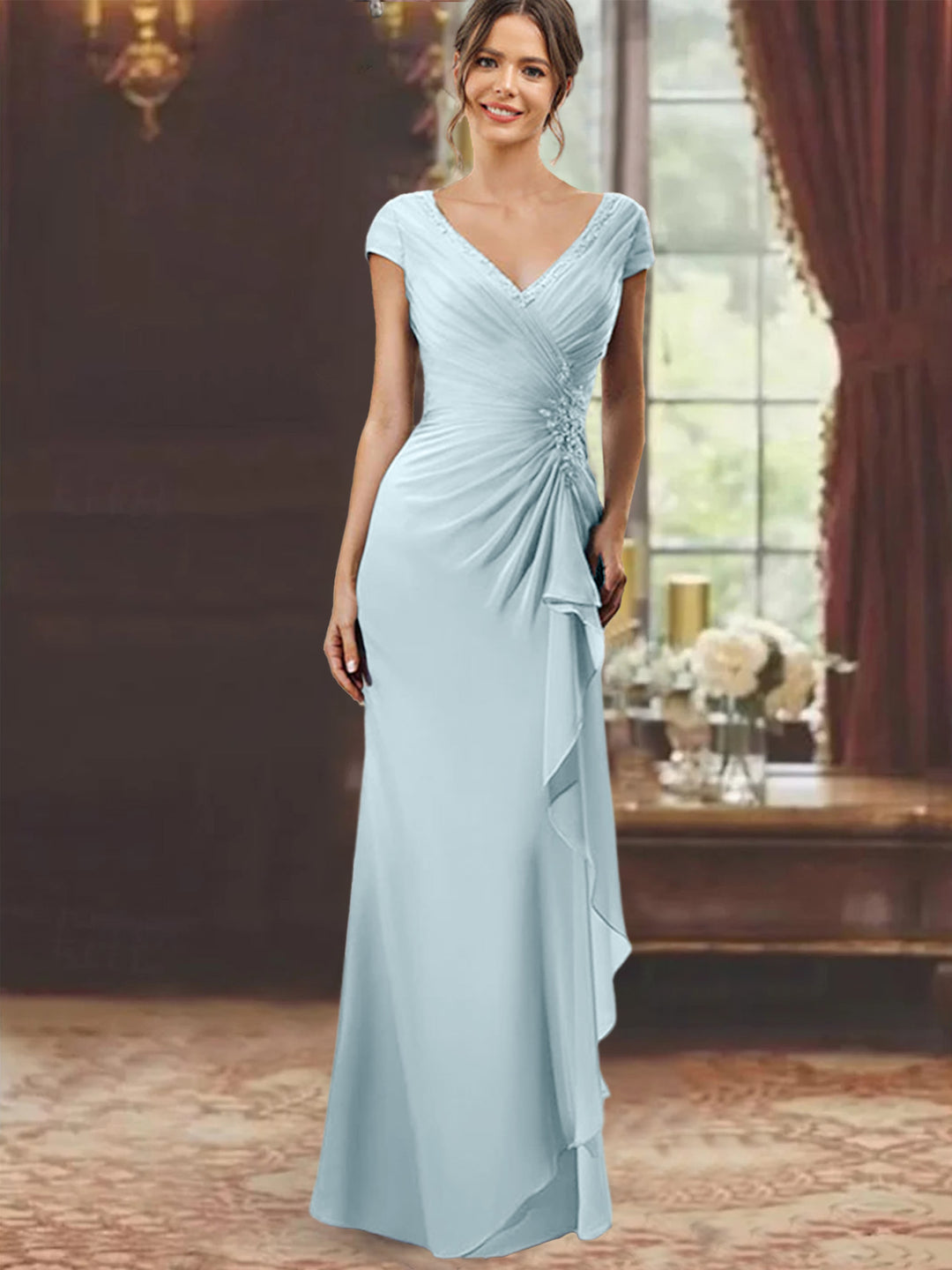 Robe de Mère de la Mariée Fourreau/Colonne à Col en V et Manches Courtes, Longueur Au Sol, avec Volants et Appliques