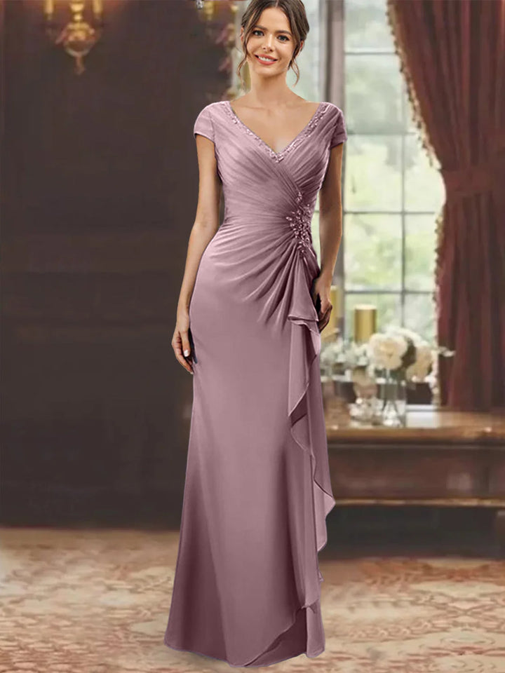 Robe de Mère de la Mariée Fourreau/Colonne à Col en V et Manches Courtes, Longueur Au Sol, avec Volants et Appliques
