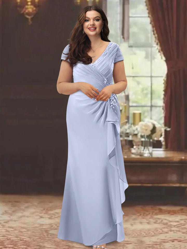 Robe de Mère de la Mariée Fourreau/Colonne à Col en V et Manches Courtes, Longueur Au Sol, avec Volants et Appliques