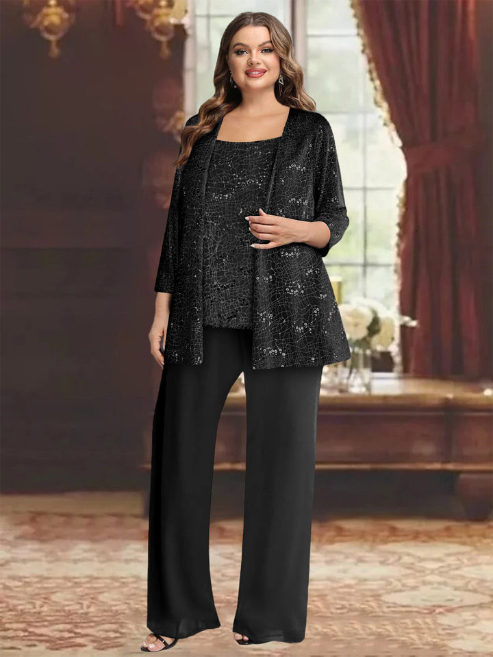 Tailleur-Pantalon Grande Taille en Mousseline de Soie pour Mère de la Mariée avec Veste et Paillettes