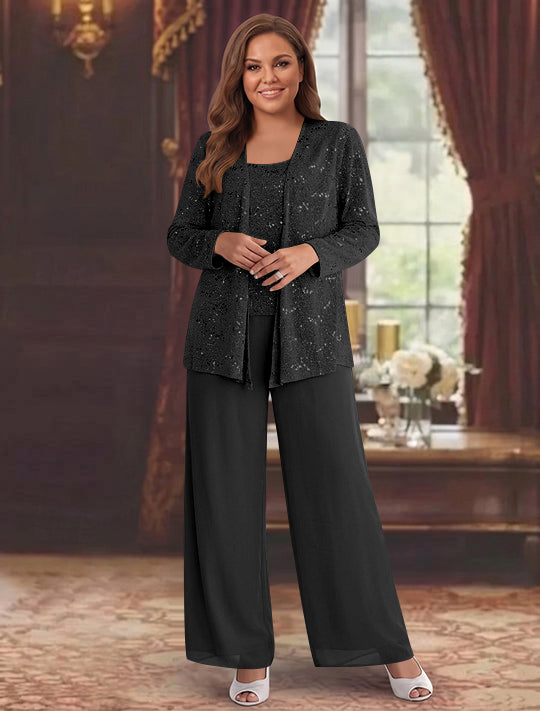 Tailleur-Pantalon Grande Taille en Mousseline de Soie pour Mère de la Mariée avec Veste et Paillettes