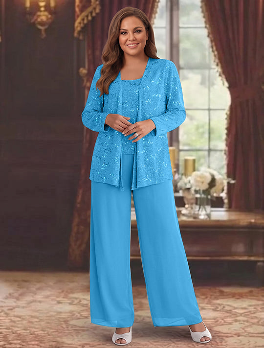 Tailleur-Pantalon Grande Taille en Mousseline de Soie pour Mère de la Mariée avec Veste et Paillettes