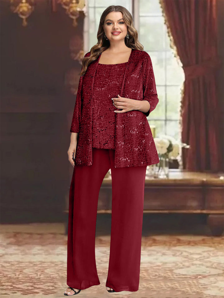 Tailleur-Pantalon Grande Taille en Mousseline de Soie pour Mère de la Mariée avec Veste et Paillettes