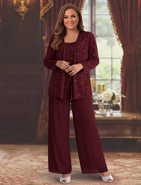 Tailleur-Pantalon Grande Taille en Mousseline de Soie pour Mère de la Mariée avec Veste et Paillettes