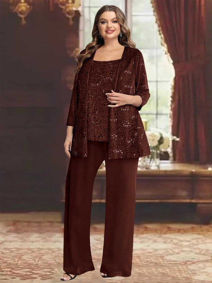 Tailleur-Pantalon Grande Taille en Mousseline de Soie pour Mère de la Mariée avec Veste et Paillettes
