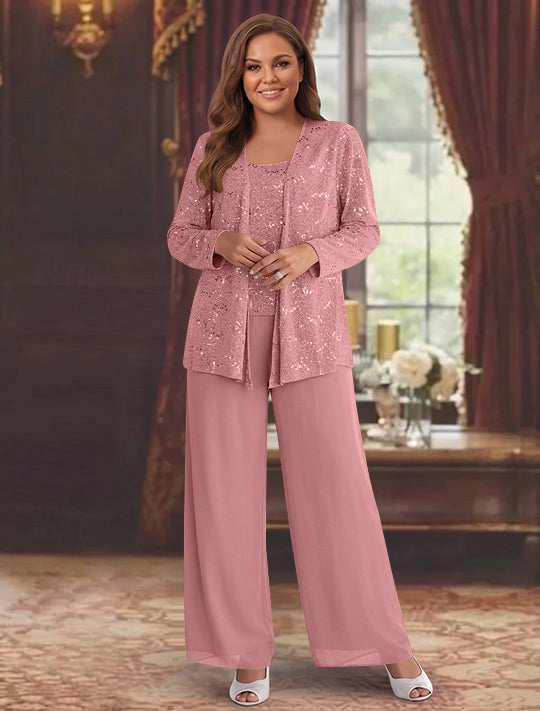 Tailleur-Pantalon Grande Taille en Mousseline de Soie pour Mère de la Mariée avec Veste et Paillettes