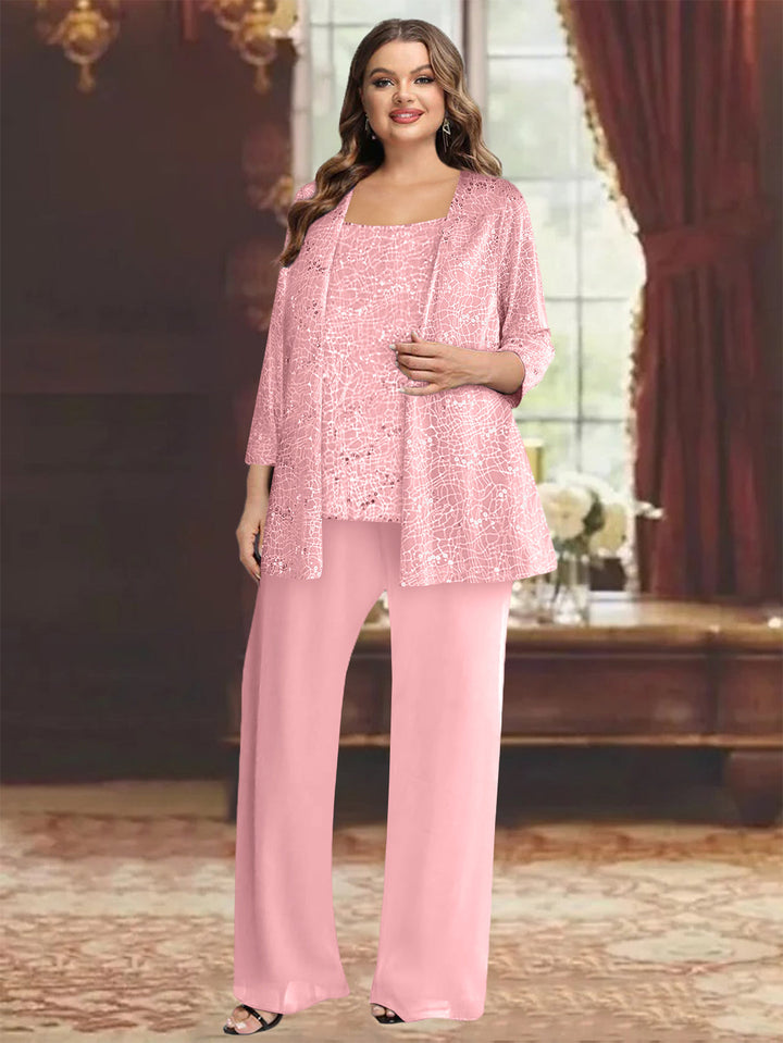Tailleur-Pantalon Grande Taille en Mousseline de Soie pour Mère de la Mariée avec Veste et Paillettes