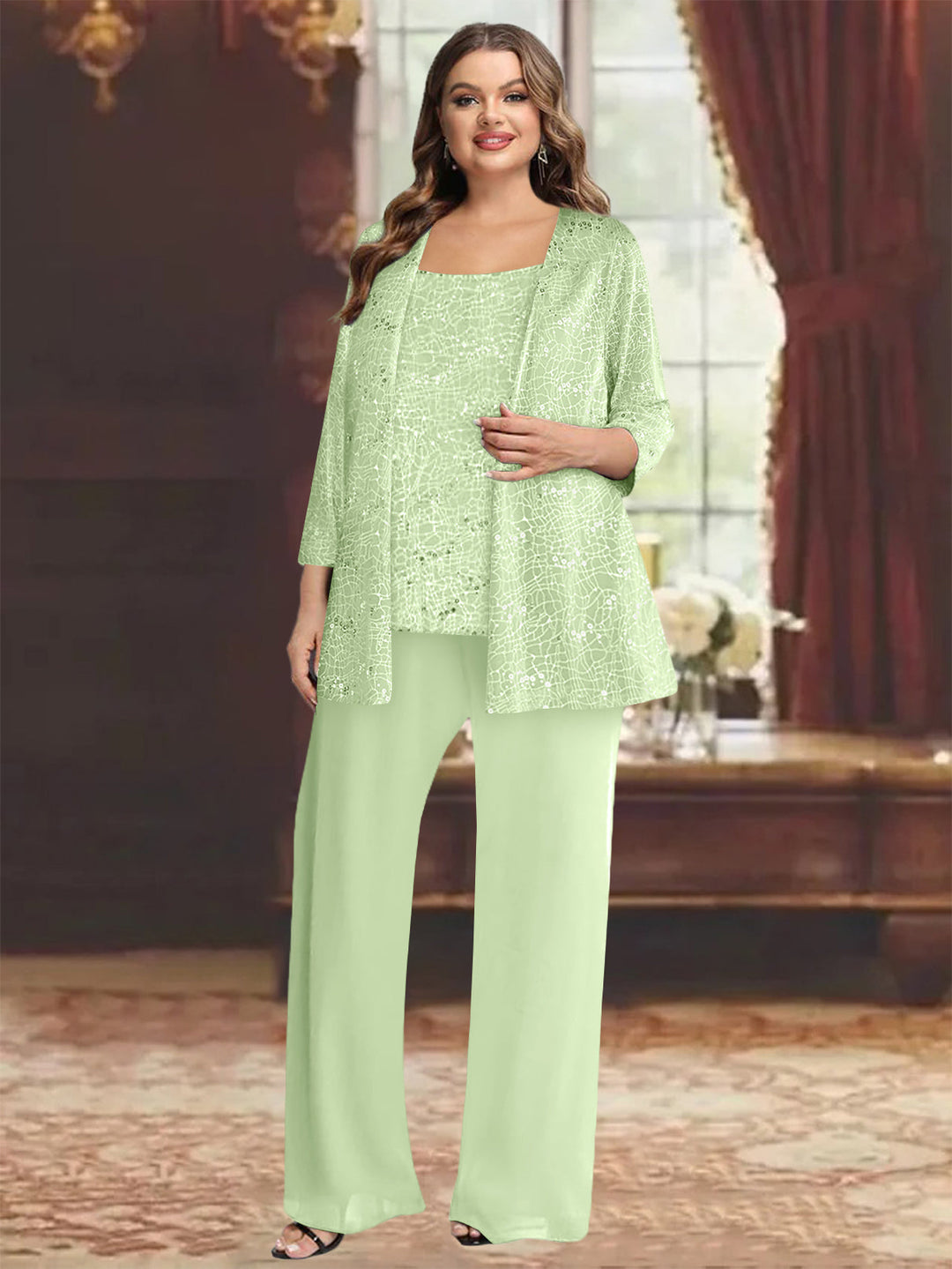Tailleur-Pantalon Grande Taille en Mousseline de Soie pour Mère de la Mariée avec Veste et Paillettes