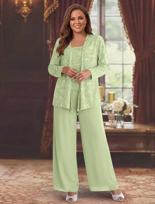 Tailleur-Pantalon Grande Taille en Mousseline de Soie pour Mère de la Mariée avec Veste et Paillettes