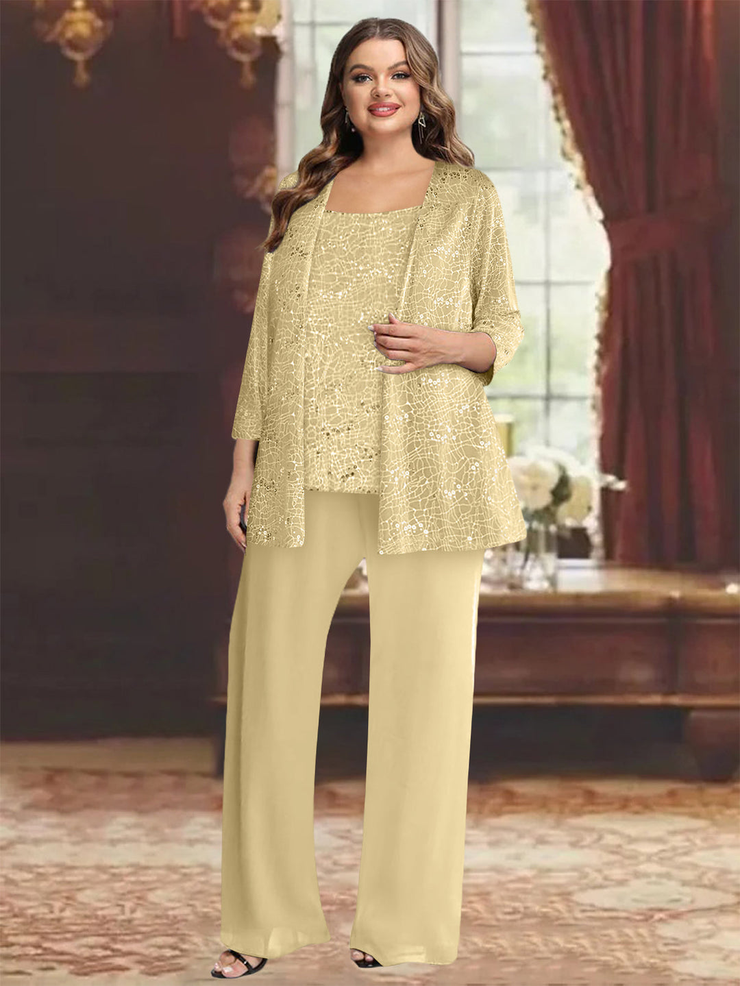 Tailleur-Pantalon Grande Taille en Mousseline de Soie pour Mère de la Mariée avec Veste et Paillettes