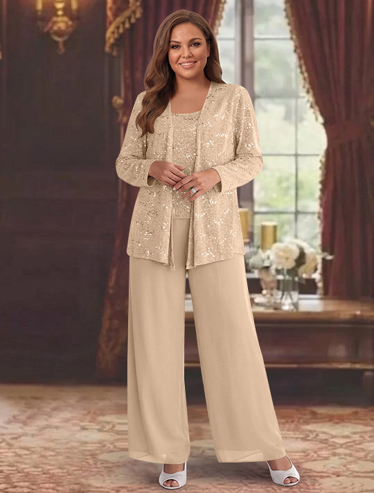 Tailleur-Pantalon Grande Taille en Mousseline de Soie pour Mère de la Mariée avec Veste et Paillettes