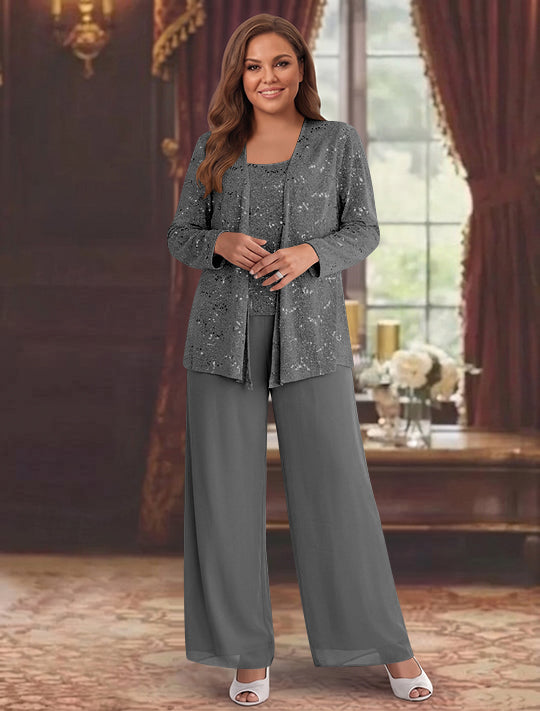 Tailleur-Pantalon Grande Taille en Mousseline de Soie pour Mère de la Mariée avec Veste et Paillettes