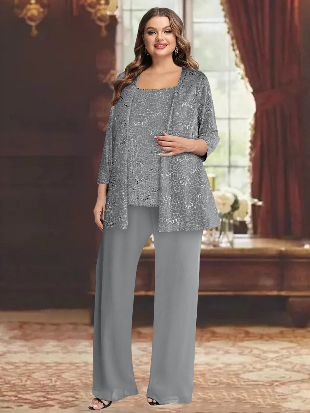 Tailleur-Pantalon Grande Taille en Mousseline de Soie pour Mère de la Mariée avec Veste et Paillettes