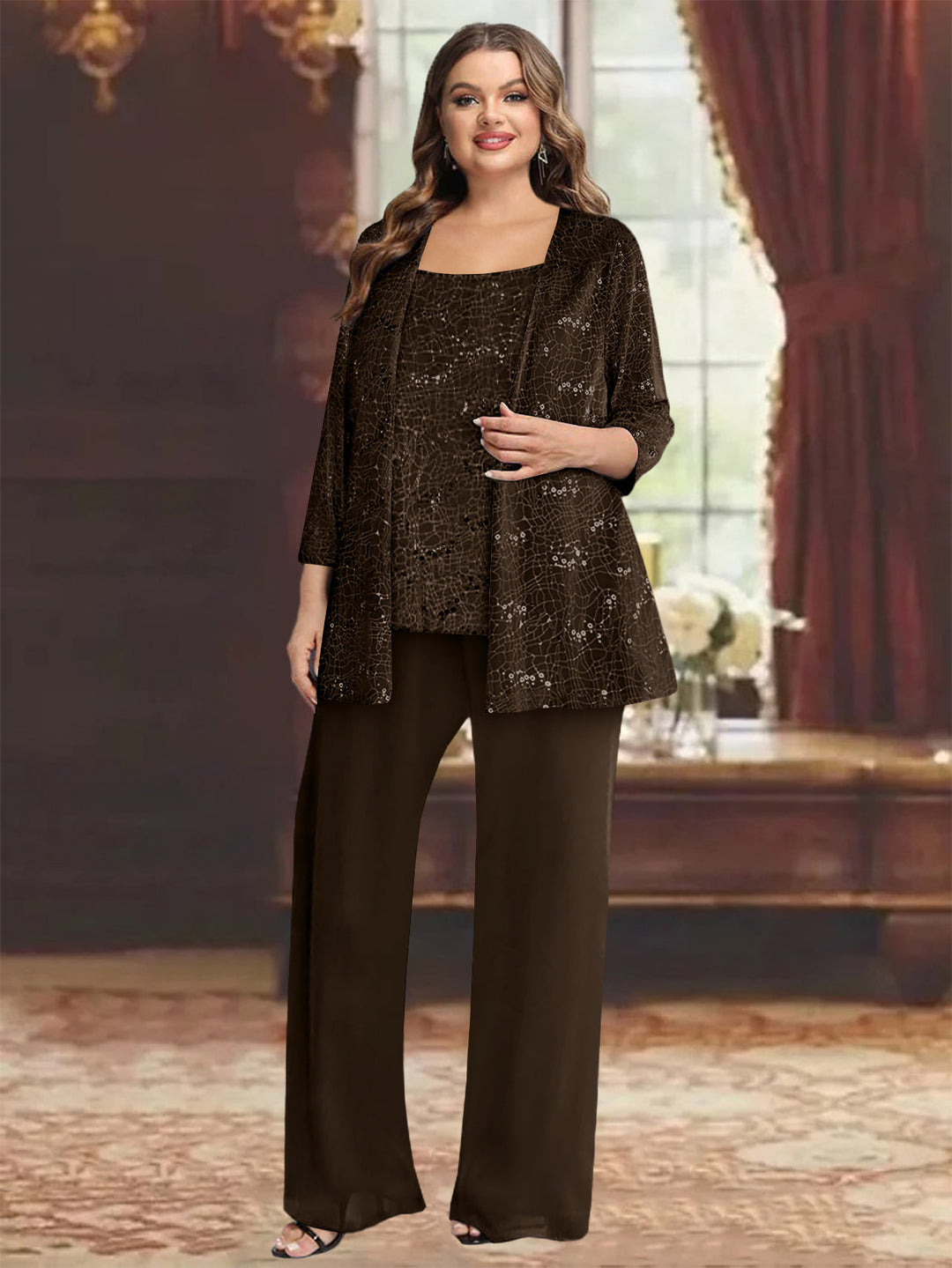 Tailleur-Pantalon Grande Taille en Mousseline de Soie pour Mère de la Mariée avec Veste et Paillettes