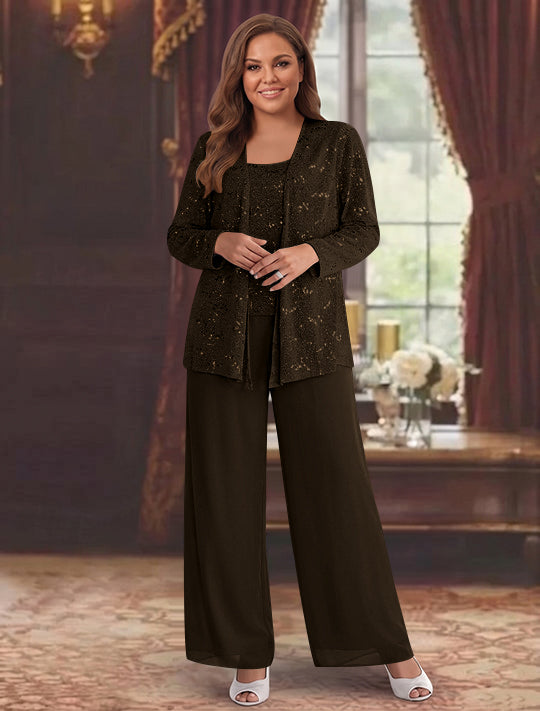 Tailleur-Pantalon Grande Taille en Mousseline de Soie pour Mère de la Mariée avec Veste et Paillettes