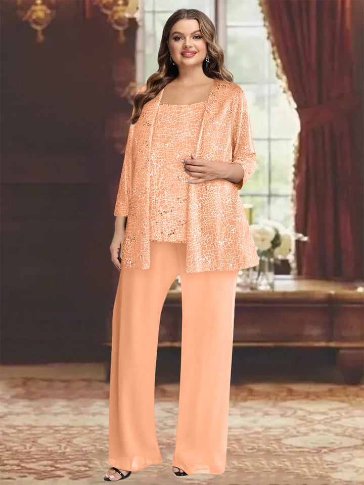 Tailleur-Pantalon Grande Taille en Mousseline de Soie pour Mère de la Mariée avec Veste et Paillettes