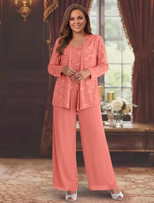Tailleur-Pantalon Grande Taille en Mousseline de Soie pour Mère de la Mariée avec Veste et Paillettes