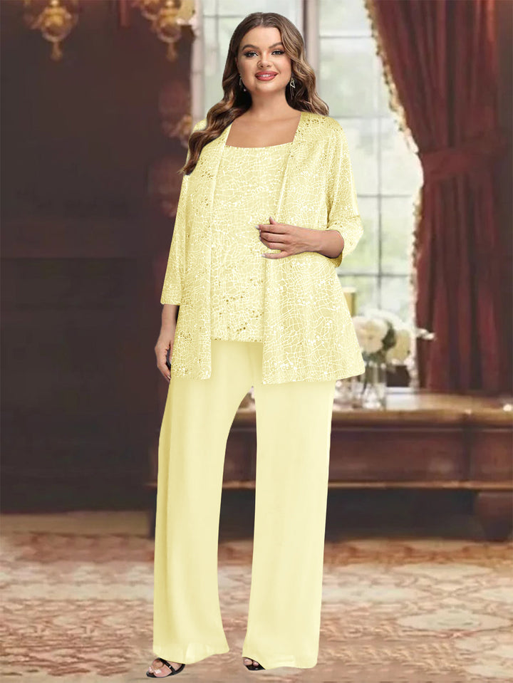 Tailleur-Pantalon Grande Taille en Mousseline de Soie pour Mère de la Mariée avec Veste et Paillettes