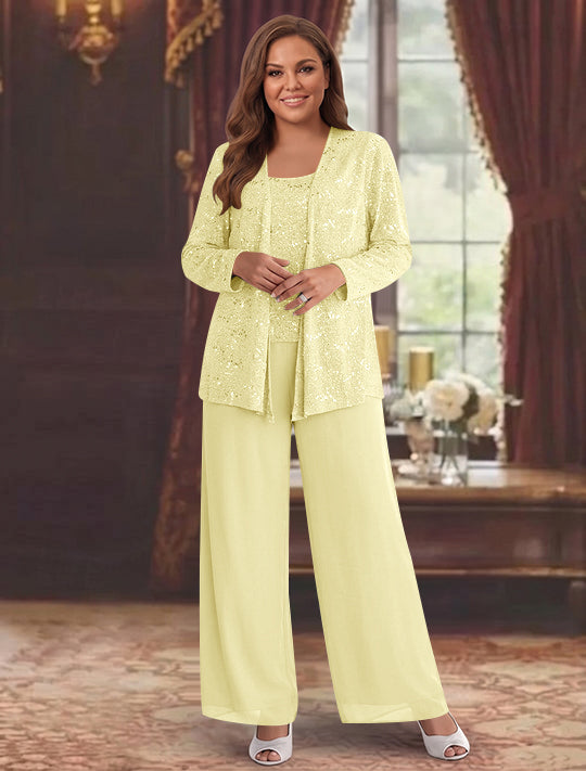Tailleur-Pantalon Grande Taille en Mousseline de Soie pour Mère de la Mariée avec Veste et Paillettes