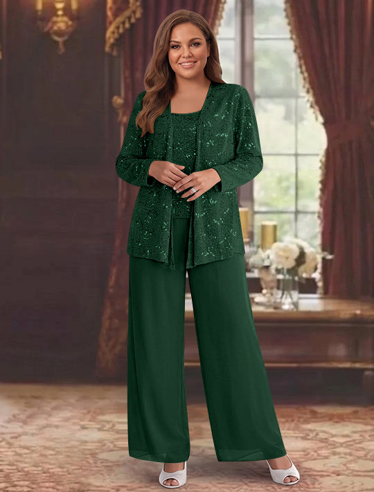 Tailleur-Pantalon Grande Taille en Mousseline de Soie pour Mère de la Mariée avec Veste et Paillettes