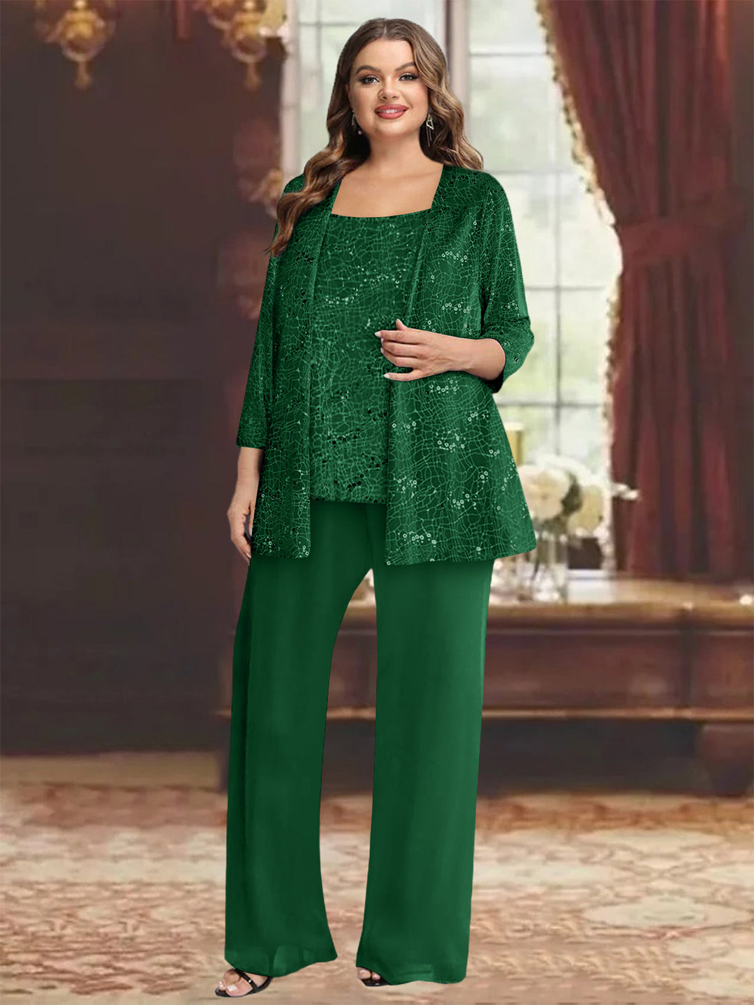 Tailleur-Pantalon Grande Taille en Mousseline de Soie pour Mère de la Mariée avec Veste et Paillettes