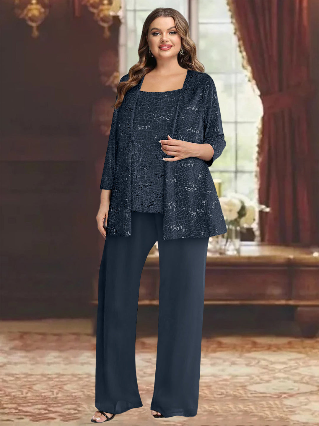 Tailleur-Pantalon Grande Taille en Mousseline de Soie pour Mère de la Mariée avec Veste et Paillettes