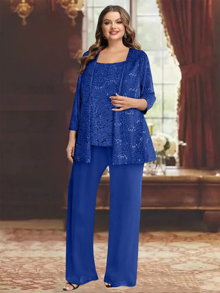 Tailleur-Pantalon Grande Taille en Mousseline de Soie pour Mère de la Mariée avec Veste et Paillettes