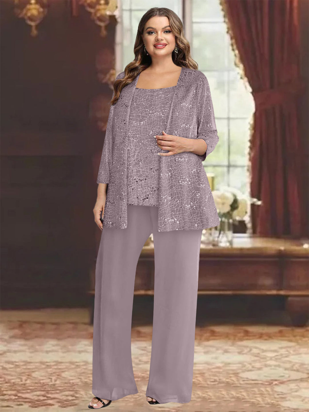 Tailleur-Pantalon Grande Taille en Mousseline de Soie pour Mère de la Mariée avec Veste et Paillettes