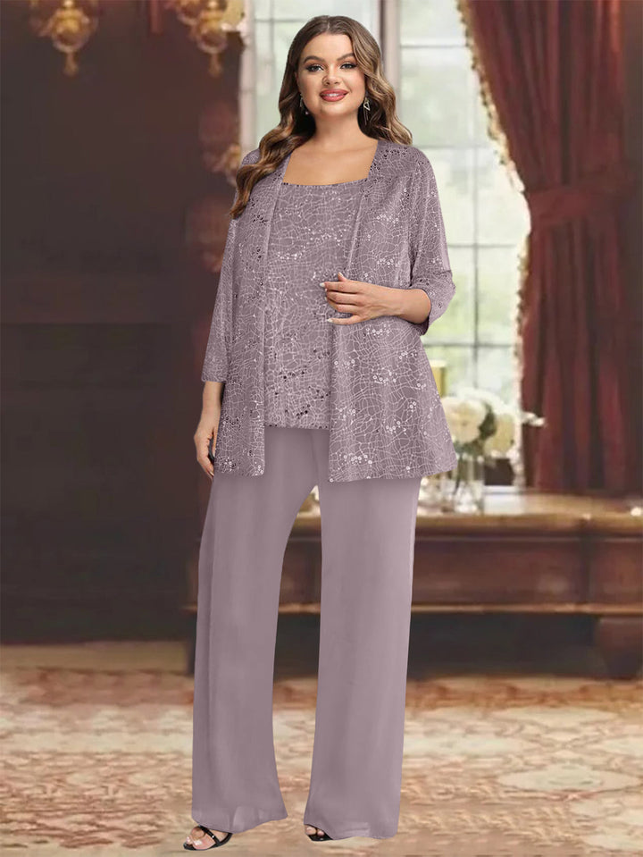 Tailleur-Pantalon Grande Taille en Mousseline de Soie pour Mère de la Mariée avec Veste et Paillettes