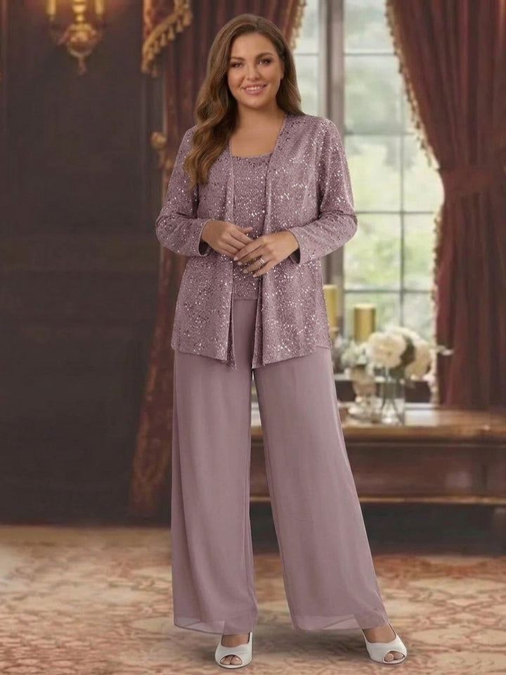 Tailleur-Pantalon Grande Taille en Mousseline de Soie pour Mère de la Mariée avec Veste et Paillettes