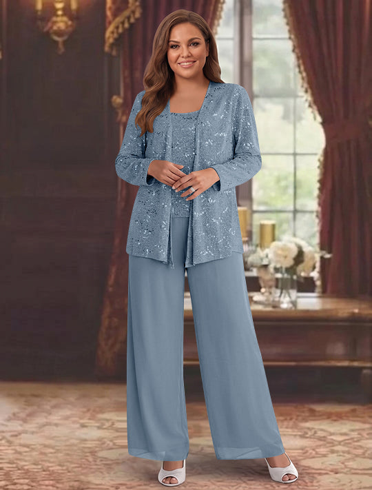 Tailleur-Pantalon Grande Taille en Mousseline de Soie pour Mère de la Mariée avec Veste et Paillettes