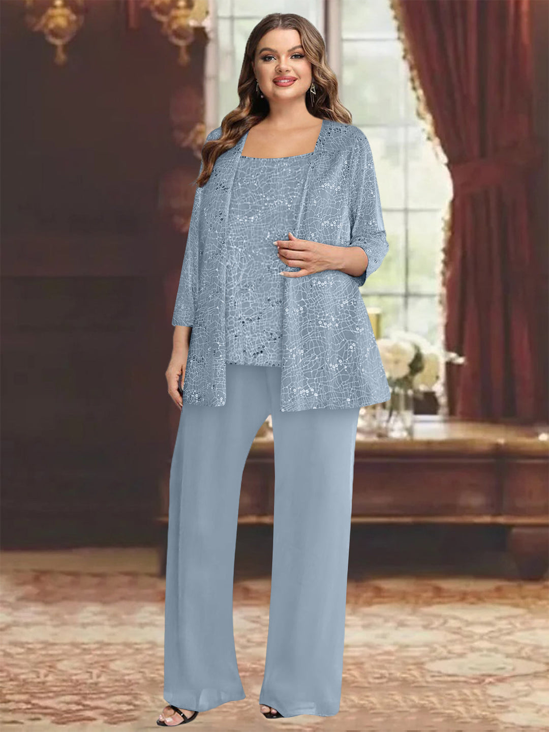 Tailleur-Pantalon Grande Taille en Mousseline de Soie pour Mère de la Mariée avec Veste et Paillettes