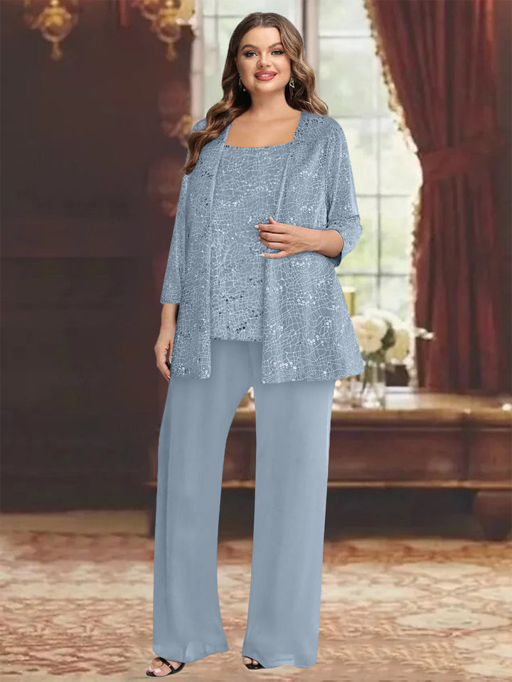 Tailleur-Pantalon Grande Taille en Mousseline de Soie pour Mère de la Mariée avec Veste et Paillettes