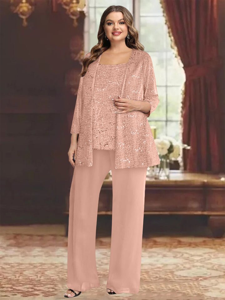Tailleur-Pantalon Grande Taille en Mousseline de Soie pour Mère de la Mariée avec Veste et Paillettes