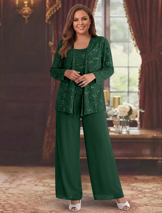 Tailleur-Pantalon Grande Taille en Mousseline de Soie pour Mère de la Mariée avec Veste et Paillettes