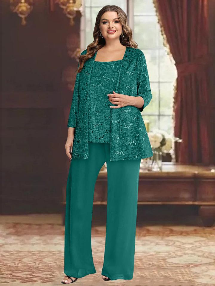 Tailleur-Pantalon Grande Taille en Mousseline de Soie pour Mère de la Mariée avec Veste et Paillettes
