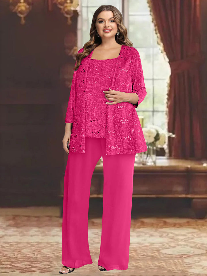 Tailleur-Pantalon Grande Taille en Mousseline de Soie pour Mère de la Mariée avec Veste et Paillettes