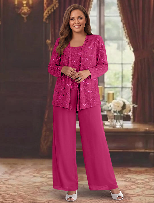Tailleur-Pantalon Grande Taille en Mousseline de Soie pour Mère de la Mariée avec Veste et Paillettes