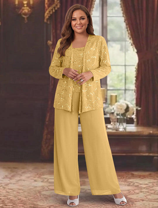 Tailleur-Pantalon Grande Taille en Mousseline de Soie pour Mère de la Mariée avec Veste et Paillettes