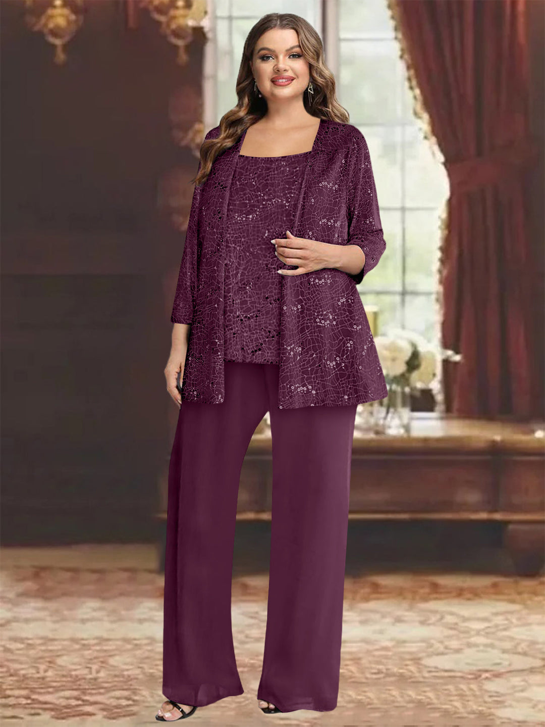 Tailleur-Pantalon Grande Taille en Mousseline de Soie pour Mère de la Mariée avec Veste et Paillettes