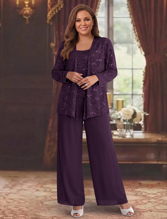 Tailleur-Pantalon Grande Taille en Mousseline de Soie pour Mère de la Mariée avec Veste et Paillettes