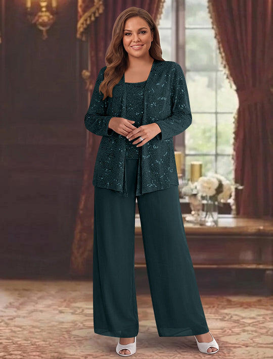 Tailleur-Pantalon Grande Taille en Mousseline de Soie pour Mère de la Mariée avec Veste et Paillettes