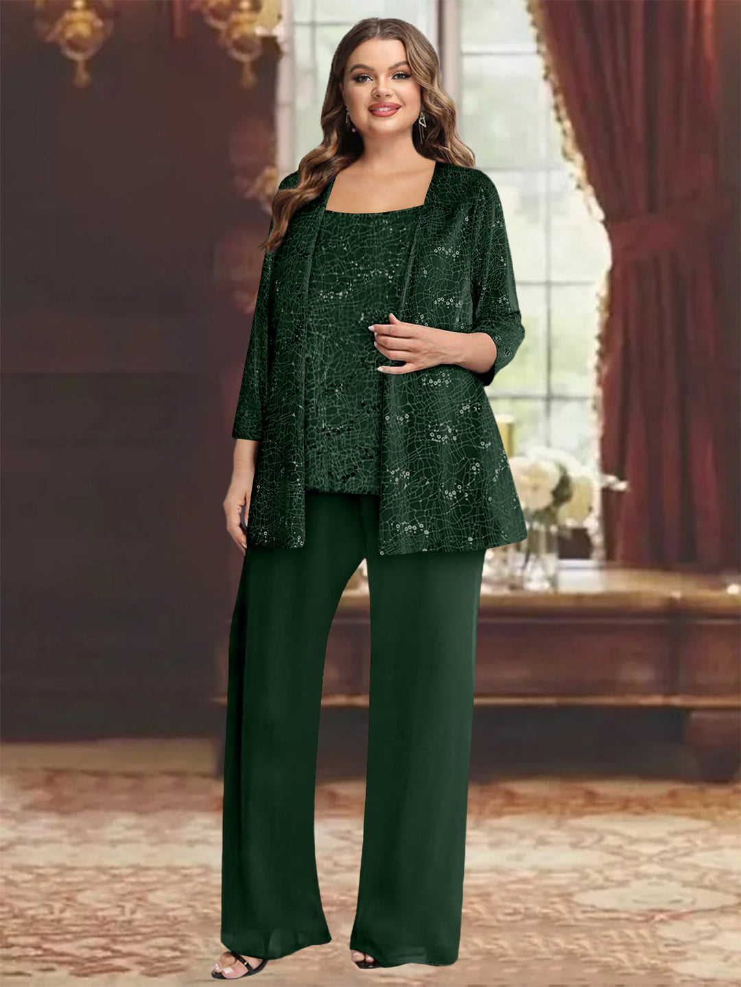 Tailleur-Pantalon Grande Taille en Mousseline de Soie pour Mère de la Mariée avec Veste et Paillettes