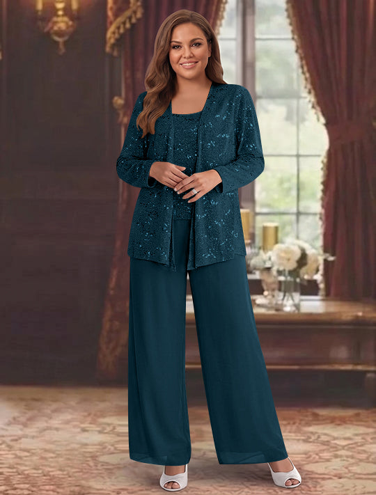 Tailleur-Pantalon Grande Taille en Mousseline de Soie pour Mère de la Mariée avec Veste et Paillettes