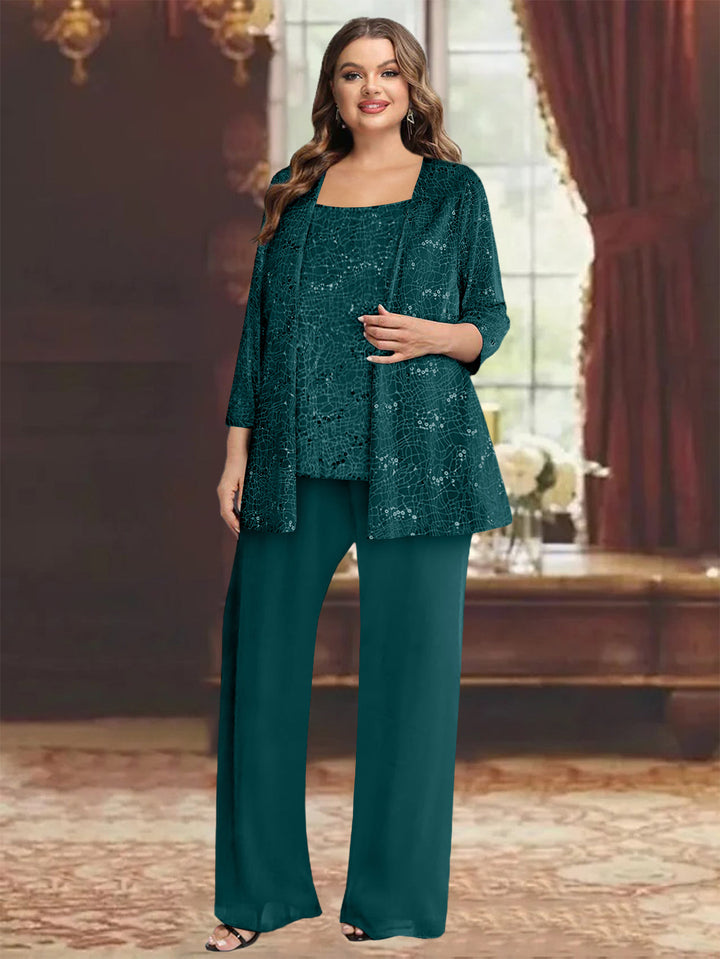 Tailleur-Pantalon Grande Taille en Mousseline de Soie pour Mère de la Mariée avec Veste et Paillettes